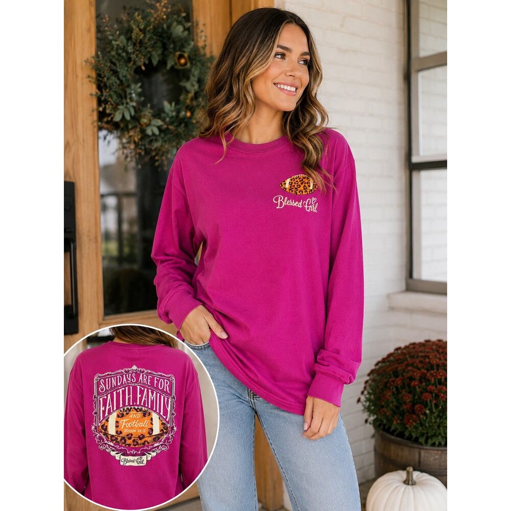 Blessed Girl Faith Family Football Long Sleeve Tee L Christian Shirt Pink